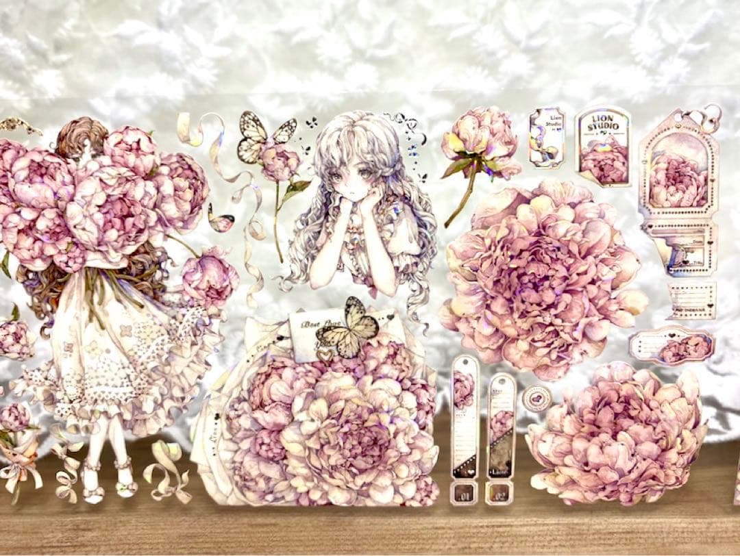 【KN058】海外PET貝殻光マスキングテープ　マステ切り売り　芍药季　お花