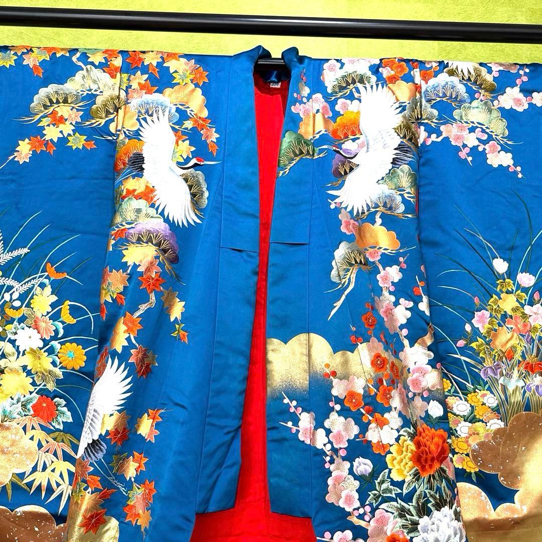 青色 鶴と花の刺繍 色打掛