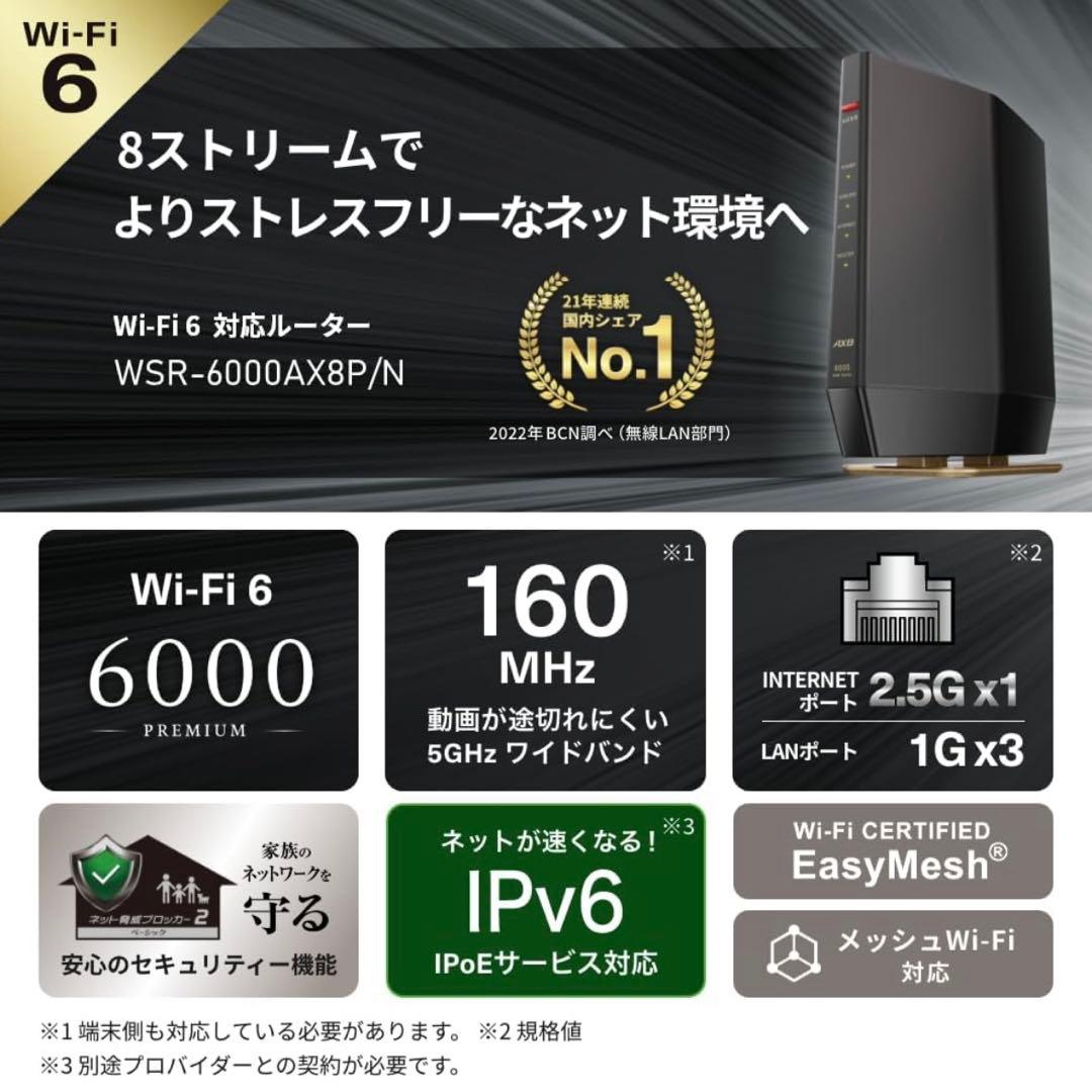 美品　無線LANルーター　バッファローWSR-6000AX8P/NMB