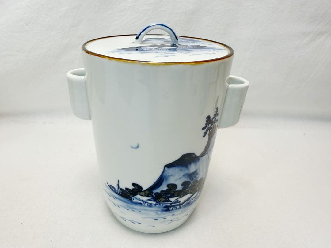 未使用 茶道具 玉堂窯 染付 山水絵 細水指 管耳付 底印 紙箱