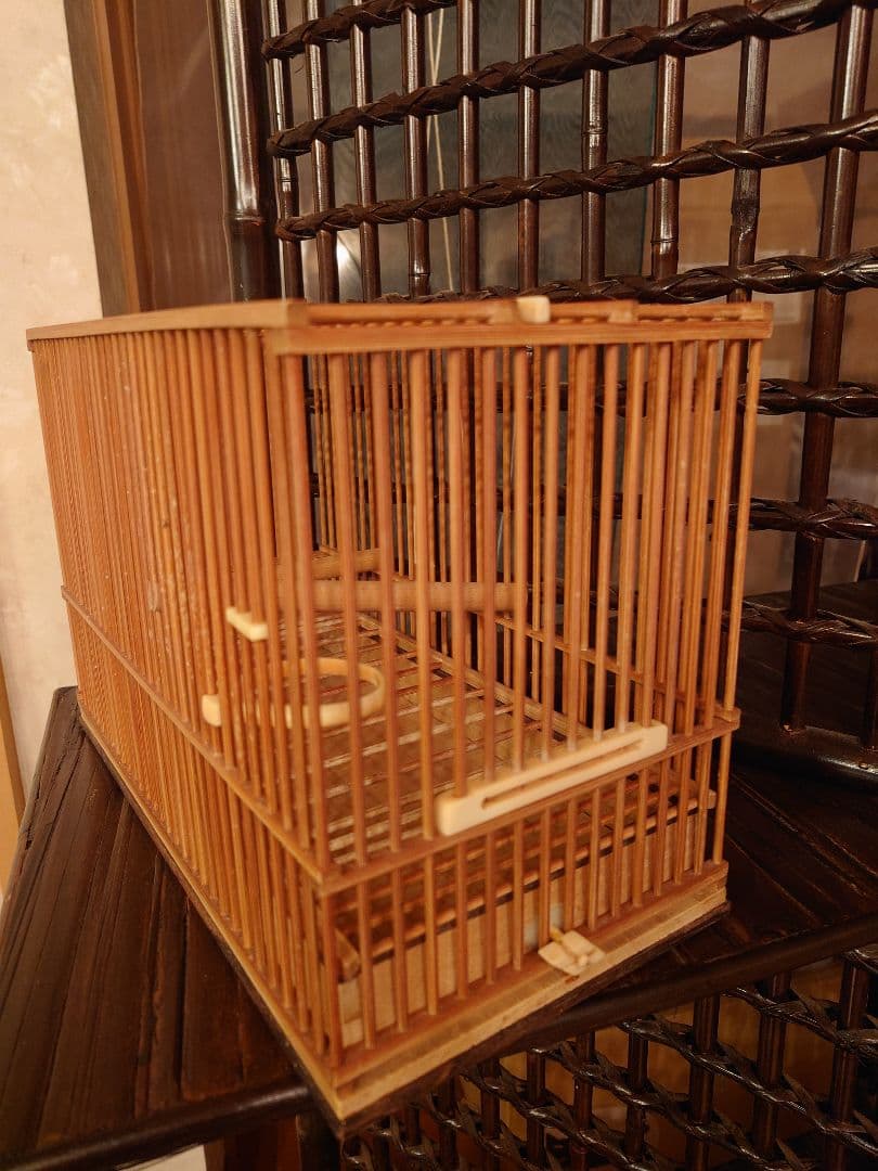 鳥かご メジロ籠　象牙調留具　竹　黒柿　二個セット