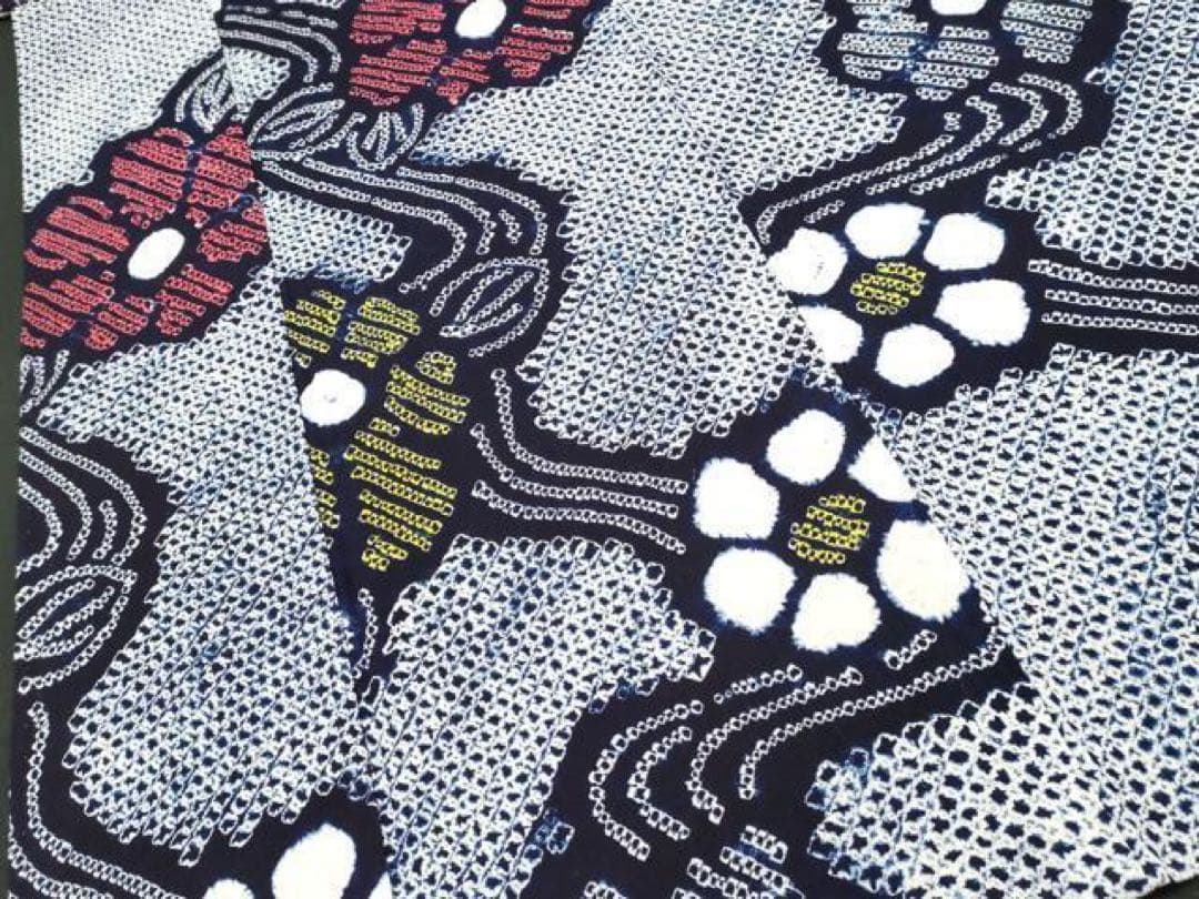 有松絞り　浴衣　トールサイズ　紺地　花文様　流水　三浦絞り