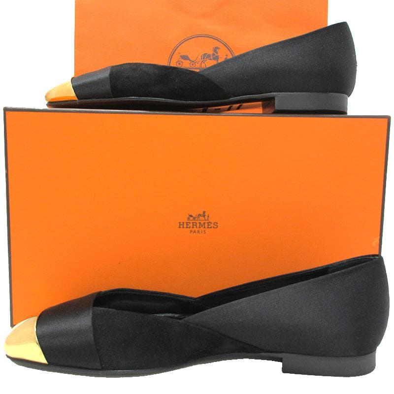 HERMES エルメス パンプス サテン レザー メタル・トゥ 黒 36