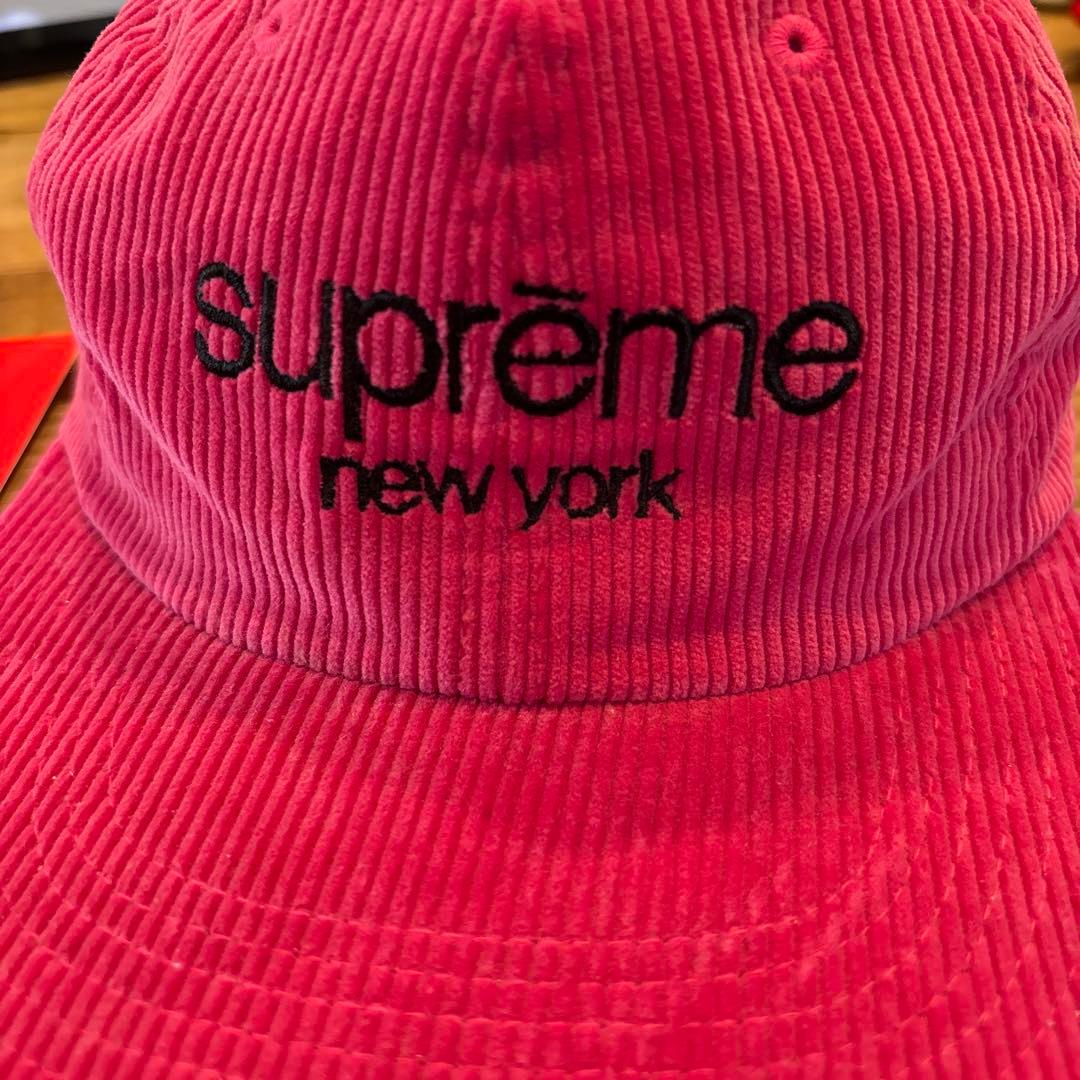 美品Supreme クラシックロゴ コーデュロイキャップ ピンク 刺繍ロゴ