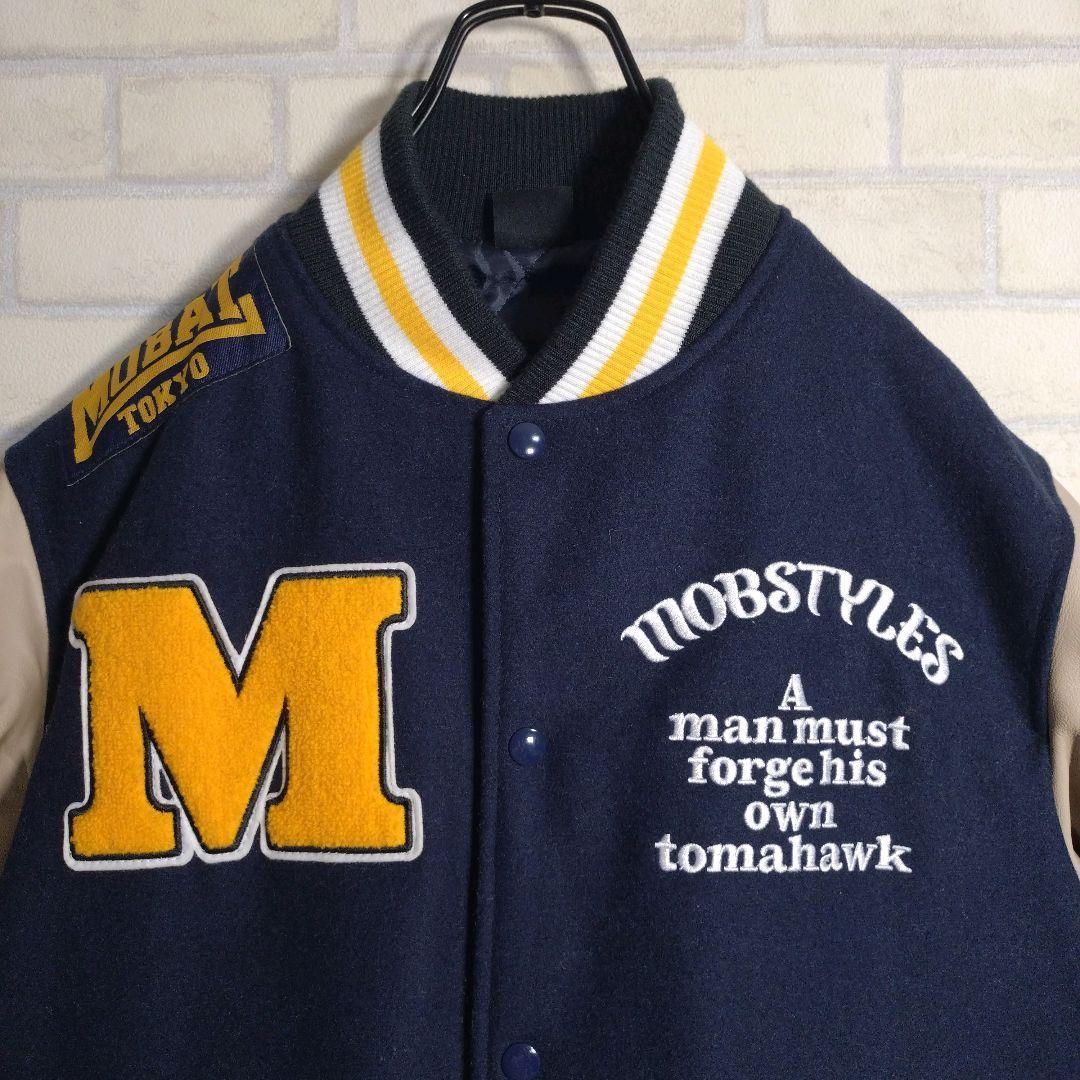 モブスタイル★サガラ刺繍 羊革 アームレザー スタジャン 紺 M表記 L相当