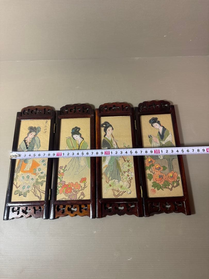 2874 中国美術工芸品　四美人花鳥図　卓上屏風　時代物