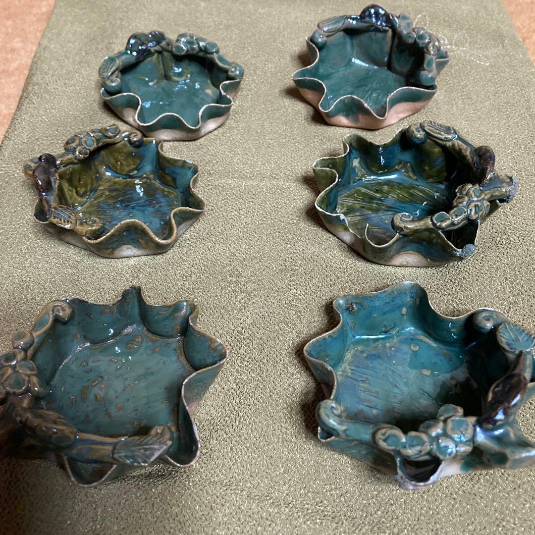 ぶどうの葉形 向付 6客 和食器 懐石料理道具 1客カケ有(最後2枚の写真) ￼