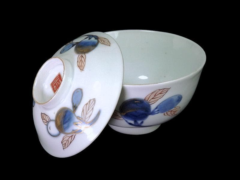 古伊万里　染錦　茄子の図　蓋茶碗　AS-DCa