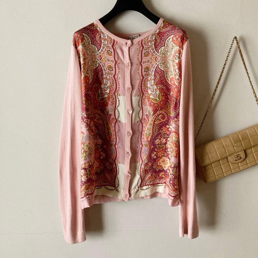 エトロ ＊上質スカーフ柄シルクサテン クルーネックゆるいニットカーディガン