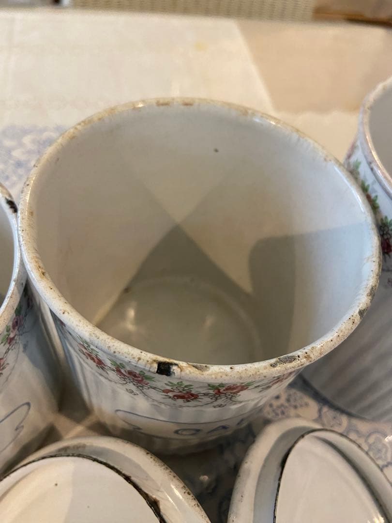 フランスアンティーク☆BF社ホーローキャニスター6P ホワイトローズバンド