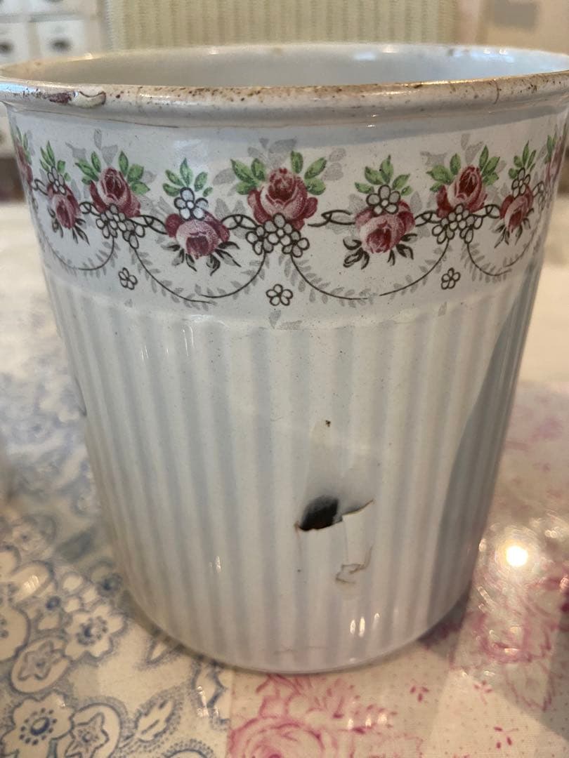 フランスアンティーク☆BF社ホーローキャニスター6P ホワイトローズバンド