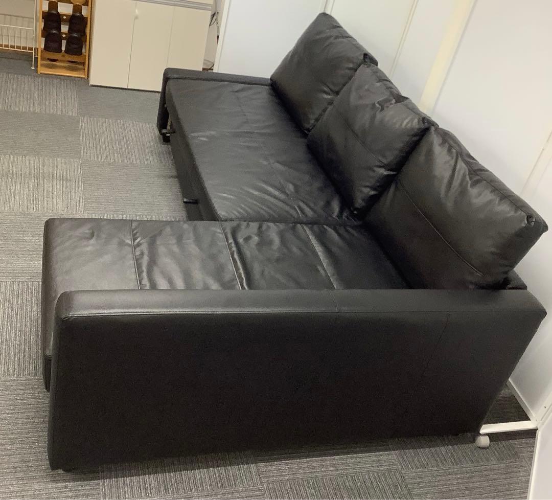 【直接引取限定】イケア 革張りコーナーソファベッド 収納付き フリーヘーテン（★