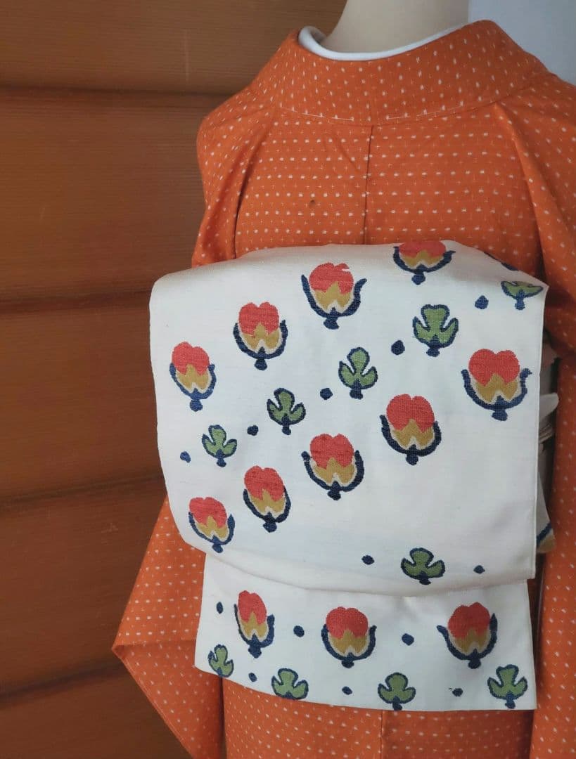 【着物帯＊セット】オレンジカラーの紬　十字絣　袋帯　正絹