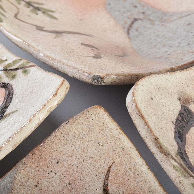 Sake　鼠志野　四方皿　五客　共布　黒田陶々庵極め箱　M　R9064B