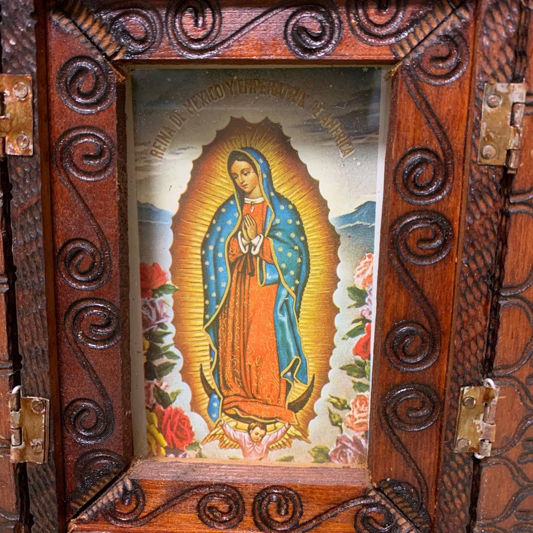 聖母マリアの彫刻入り木製箱　祭壇　キリスト　ローライダー　チカーノ　インパラ