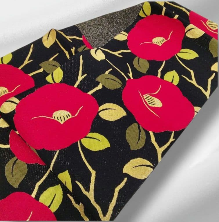 袋帯　振袖　椿　黒　赤　正絹　　　#1112