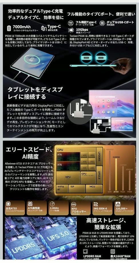 TECLAST P50 AI Android15タブレット 11インチ、A733