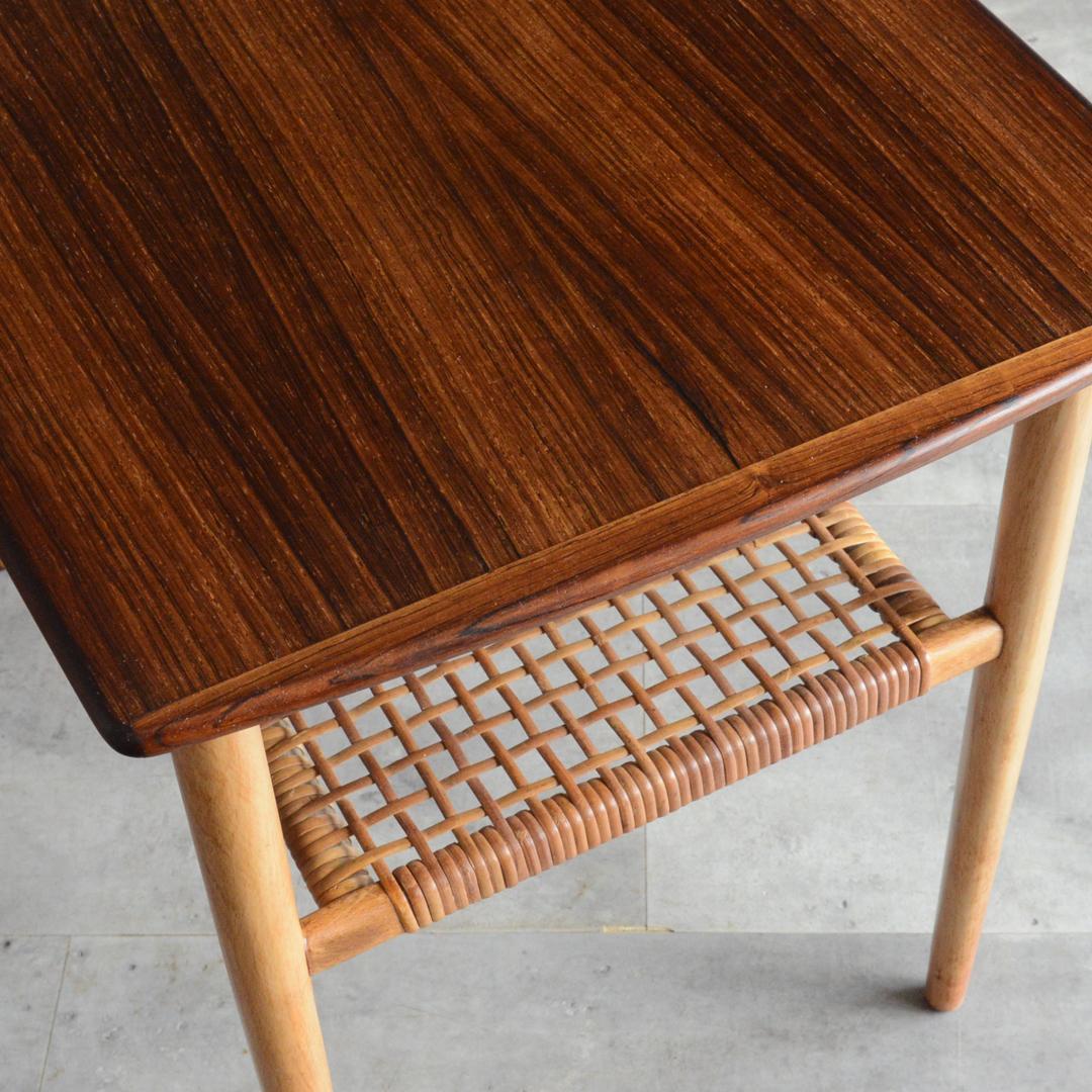 デンマーク 北欧ヴィンテージ サイドテーブル ローズウッド 北欧家具 ラタン棚付