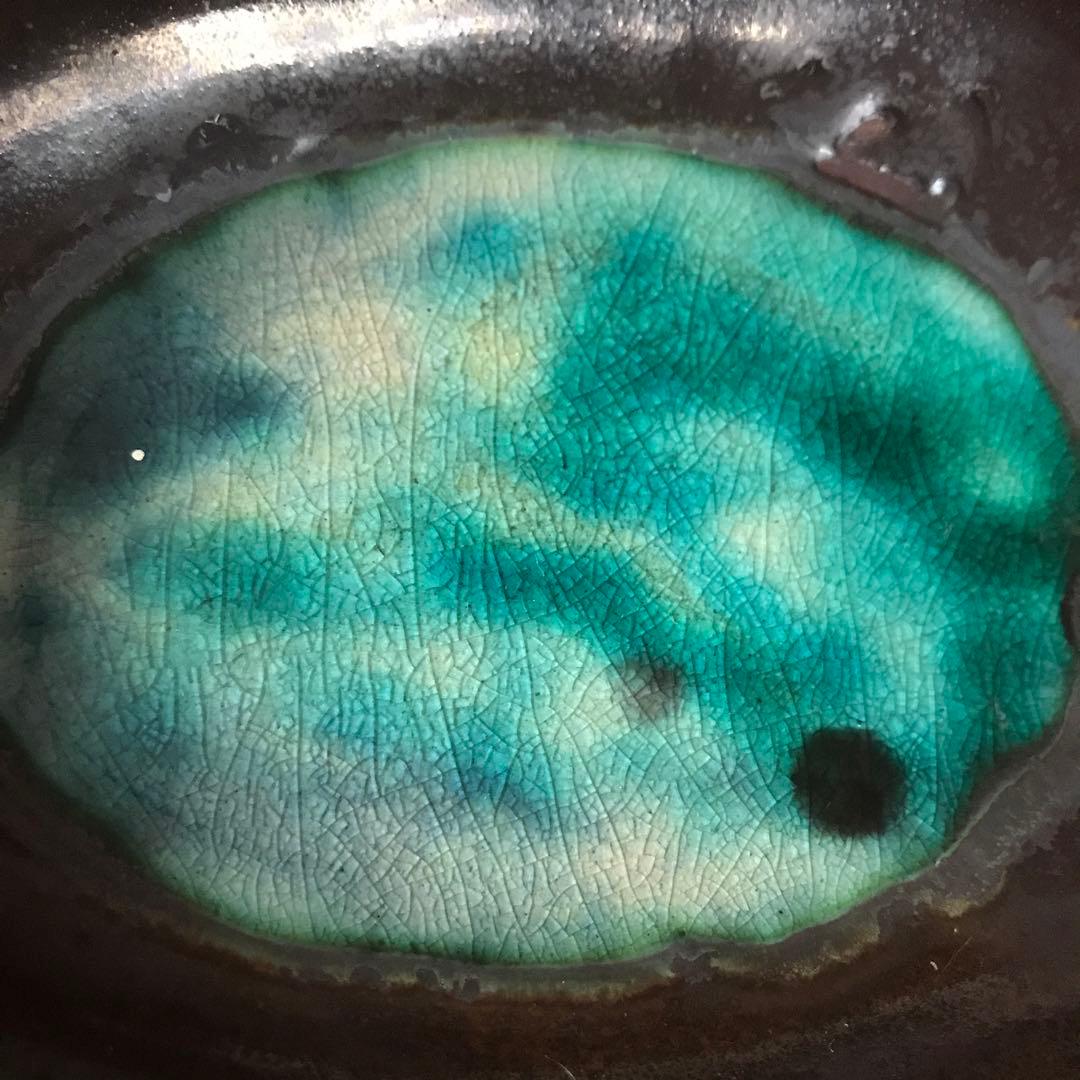 深い青の水色の濃淡が美しい石垣焼の器3枚　和食器　ガラス釉　楕円皿　やちむん