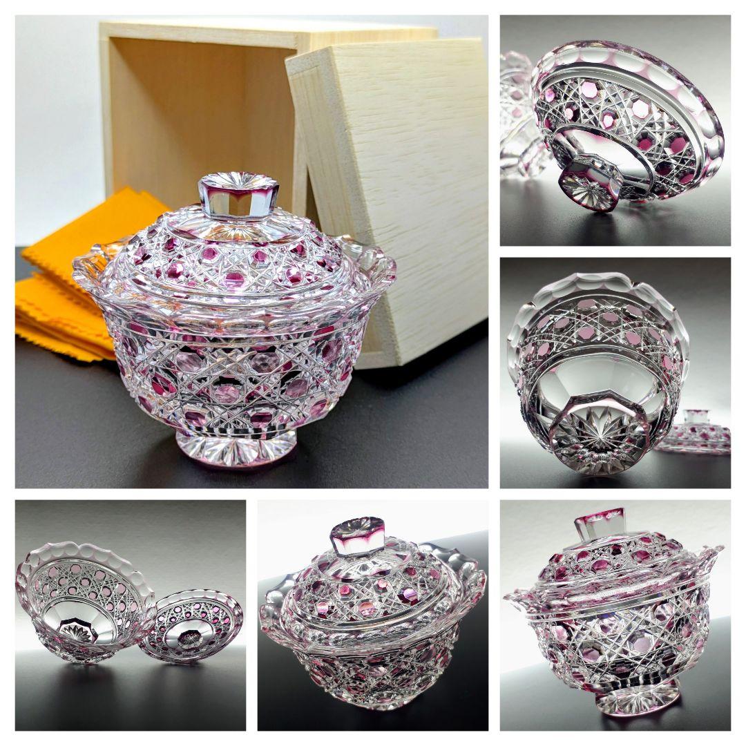 江戸切子　堀口硝子✩秀石　金赤色被せ　八角籠目 蓋物　【 美品 】