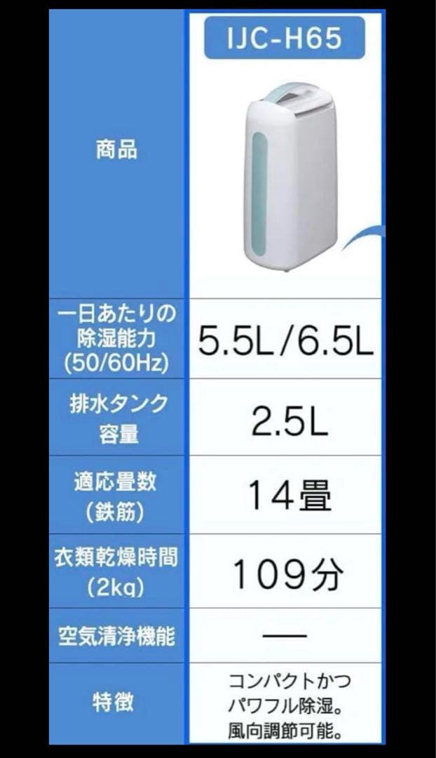 未使用　IRIS OHYAMA除湿機 IJC-H65 ブルー アイリスオーヤマ