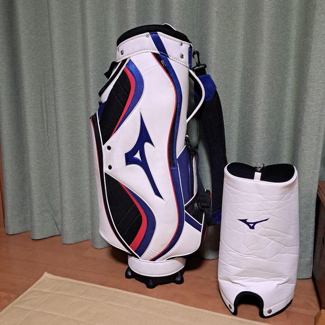 Mizuno ゴルフキャディバッグ.フード付き。 ホワイト/ネイビー。9インチ