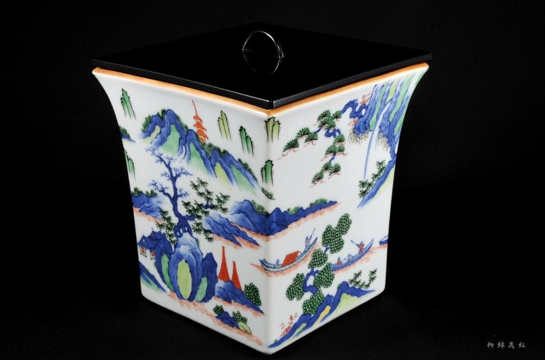 五代 三浦竹泉 色絵山水図 四方 水指 共箱 茶道具