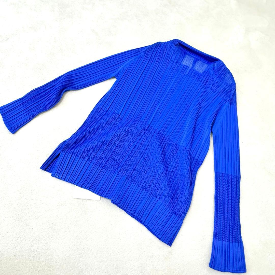 極美品✨PLEATS PLEASE プリーツ　メッシュ　ブルー　長袖　ブラウス