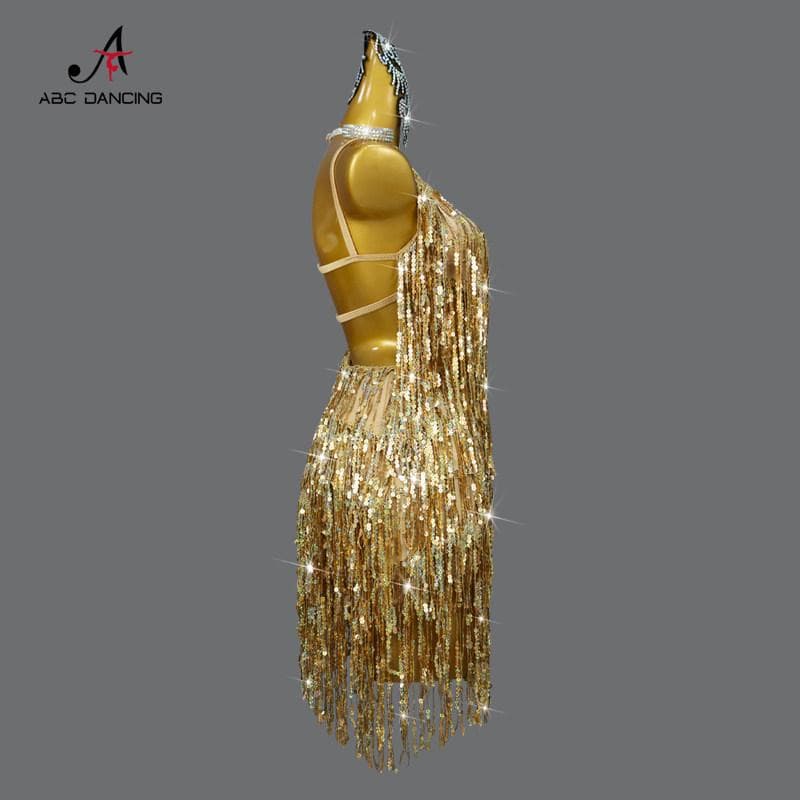 社交ダンス衣装ラテンドレスゴールドキラキラスパンコール競技会デモ
