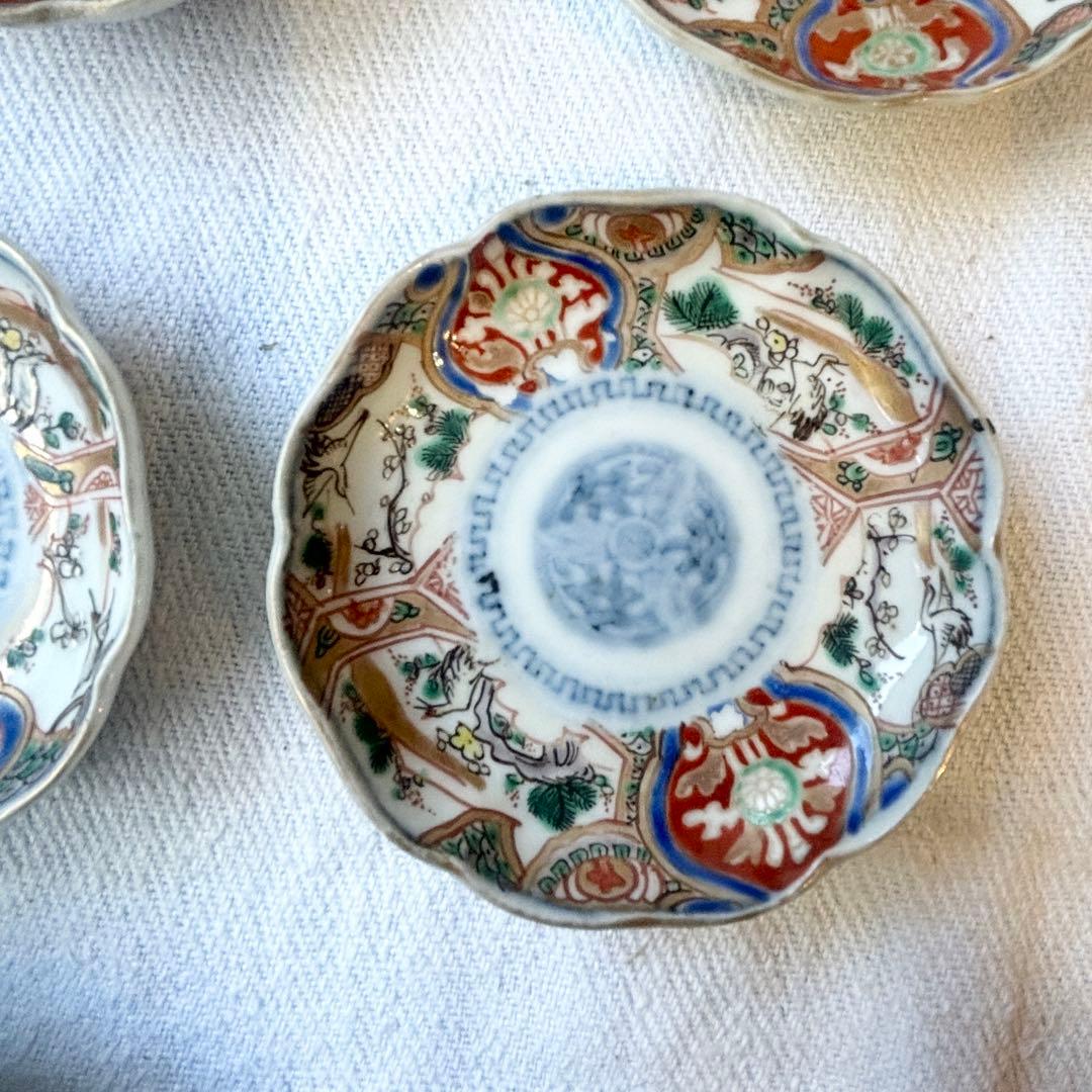 時代伊万里　鶴松金彩の吉祥デザイン豆皿5客（骨董古陶磁古美術古伊万里