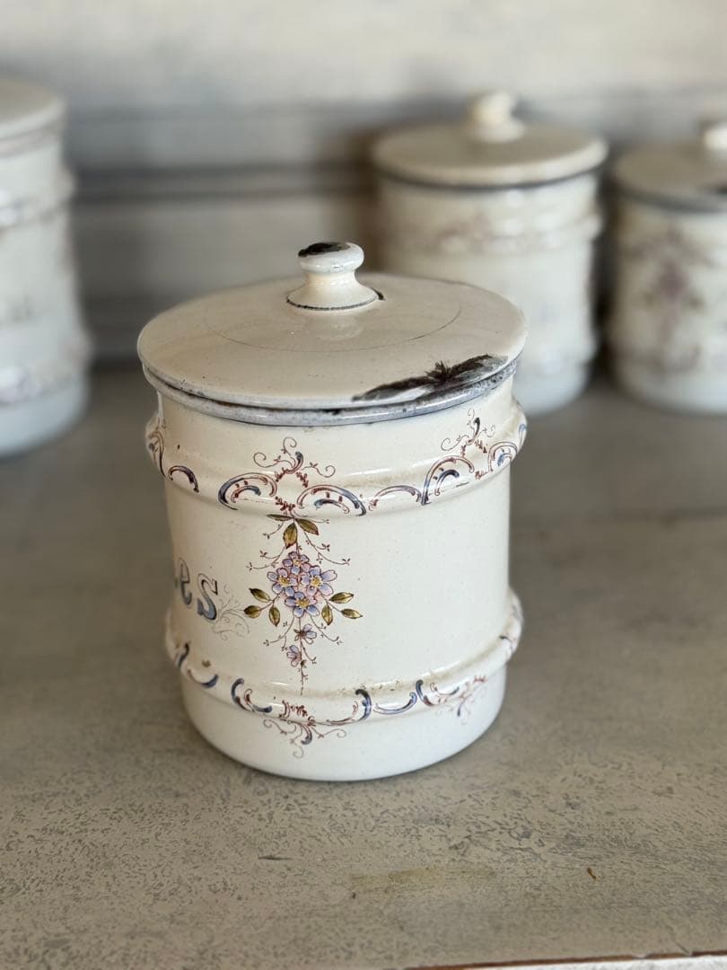 フランスアンティークホーローアールヌーボー可憐な花柄キャニスター5個セット