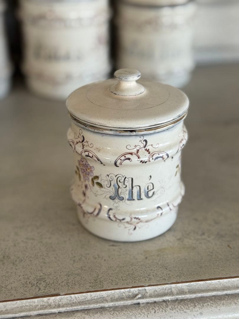 フランスアンティークホーローアールヌーボー可憐な花柄キャニスター5個セット