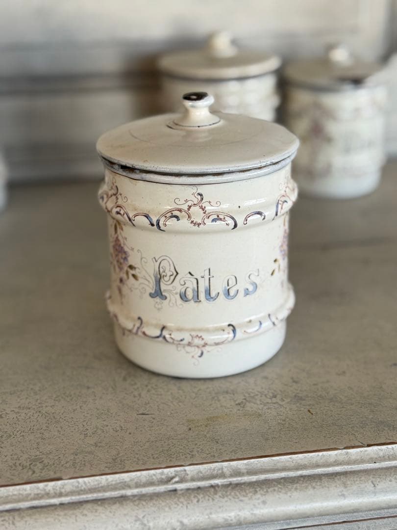 フランスアンティークホーローアールヌーボー可憐な花柄キャニスター5個セット