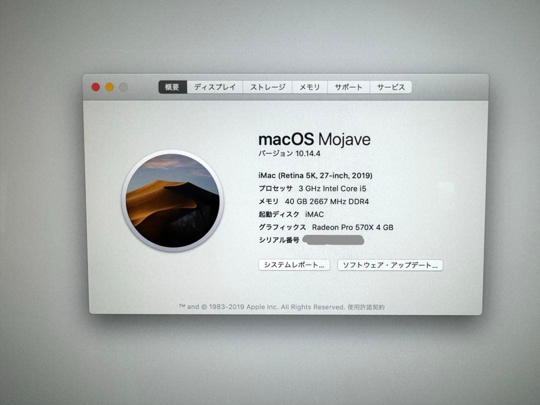 iMac 2019 Retina 5K 27インチメモリ40GB SSD250G