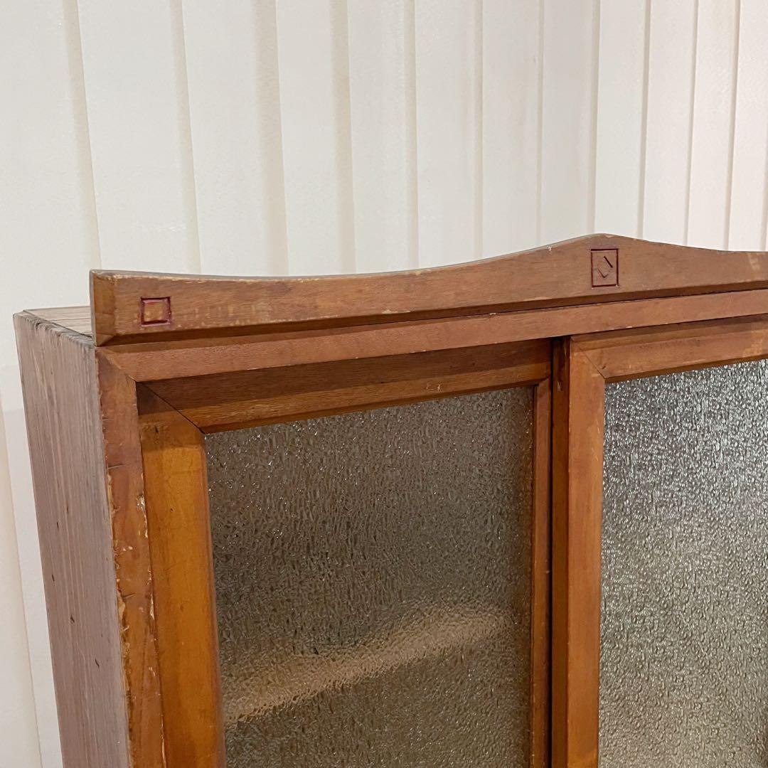 当時物　昭和レトロ　本棚　ガラス棚　ダイヤガラス　木製　アンティーク　無垢