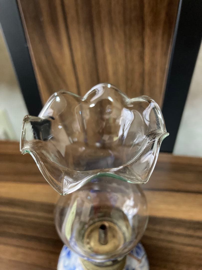 [骨董品] 青い花模様のオイルランプ　ヴィンテージ ランプ　陶器×ガラス