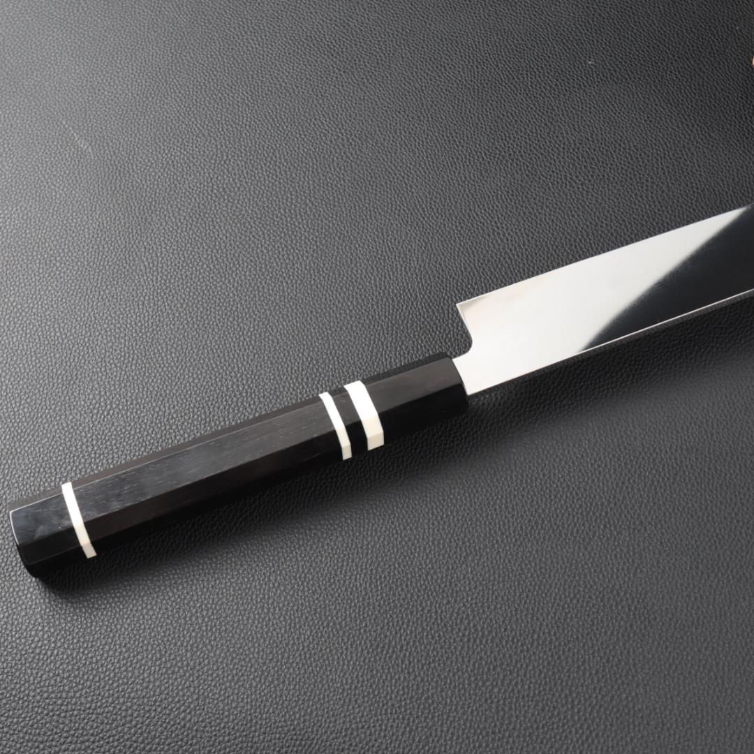 10864柳刃包丁 尺三 鏡面仕上げ 刃は究極の切れ味 黒檀黒水牛白三本巻八角柄