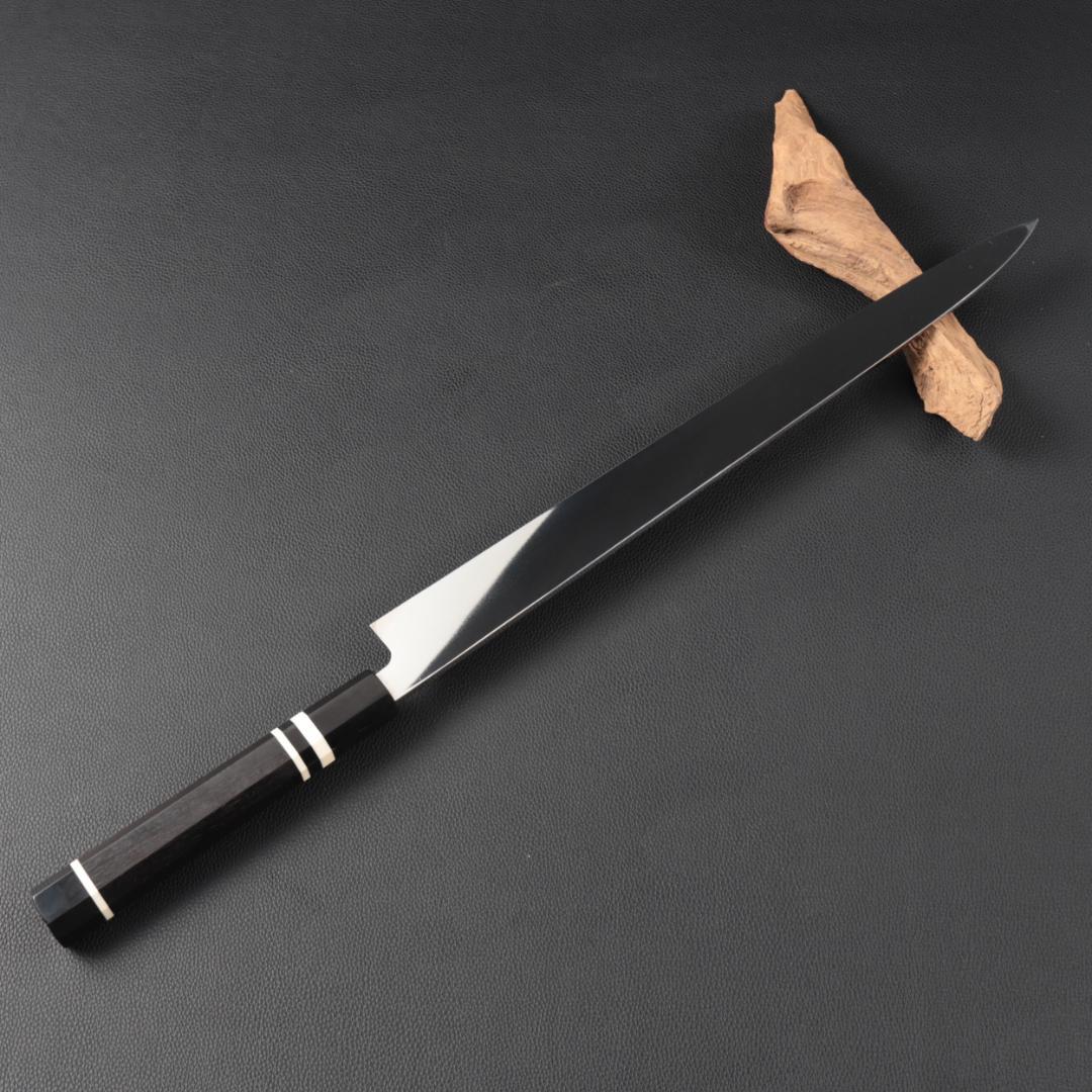 10864柳刃包丁 尺三 鏡面仕上げ 刃は究極の切れ味 黒檀黒水牛白三本巻八角柄