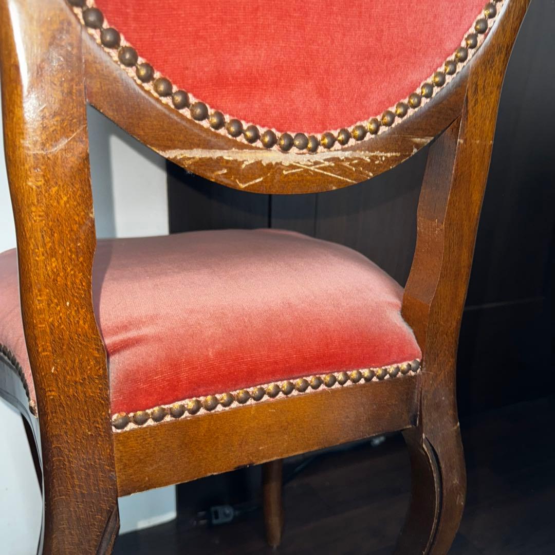 アンティークチェア　ベロア　レッド　ピンク　ウッド　ミッドセンチュリー