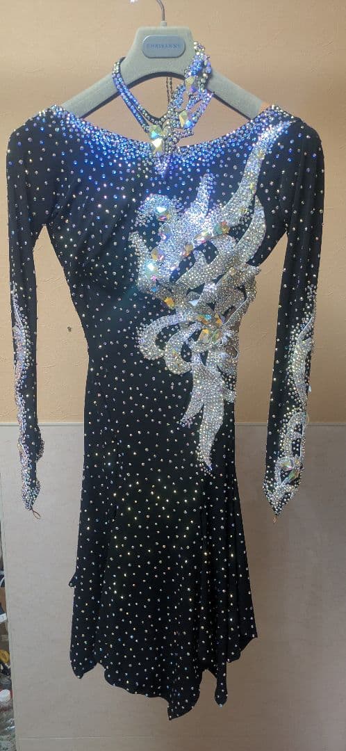 タカダンス　社交ダンス 黒のスパンコールダンスドレス　Мサイズ