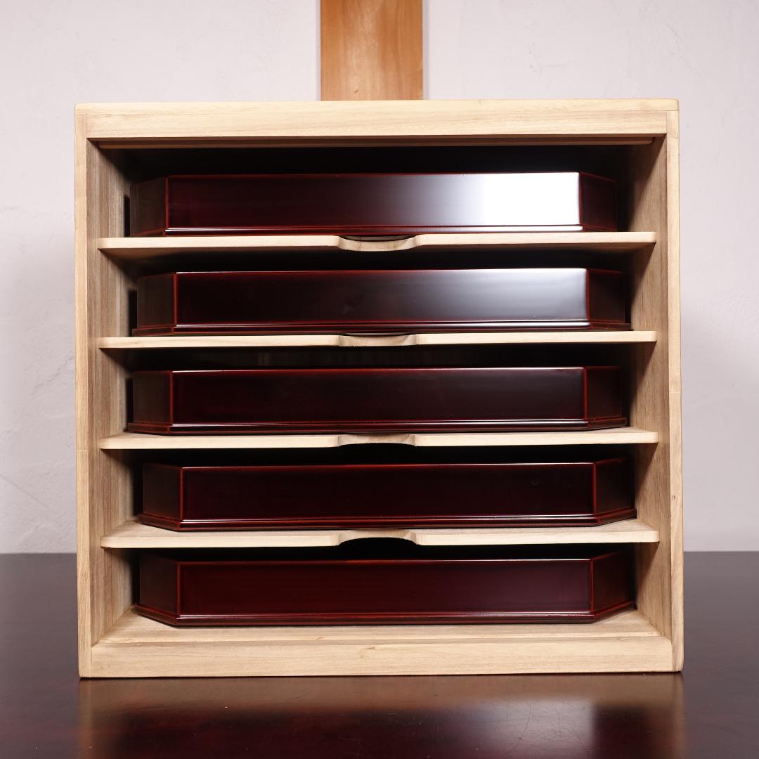 輪島塗の名店 五島屋謹製 溜塗 裏黒塗 布張 卓上膳 盆 5客 共箱