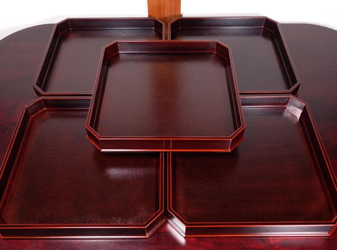 輪島塗の名店 五島屋謹製 溜塗 裏黒塗 布張 卓上膳 盆 5客 共箱