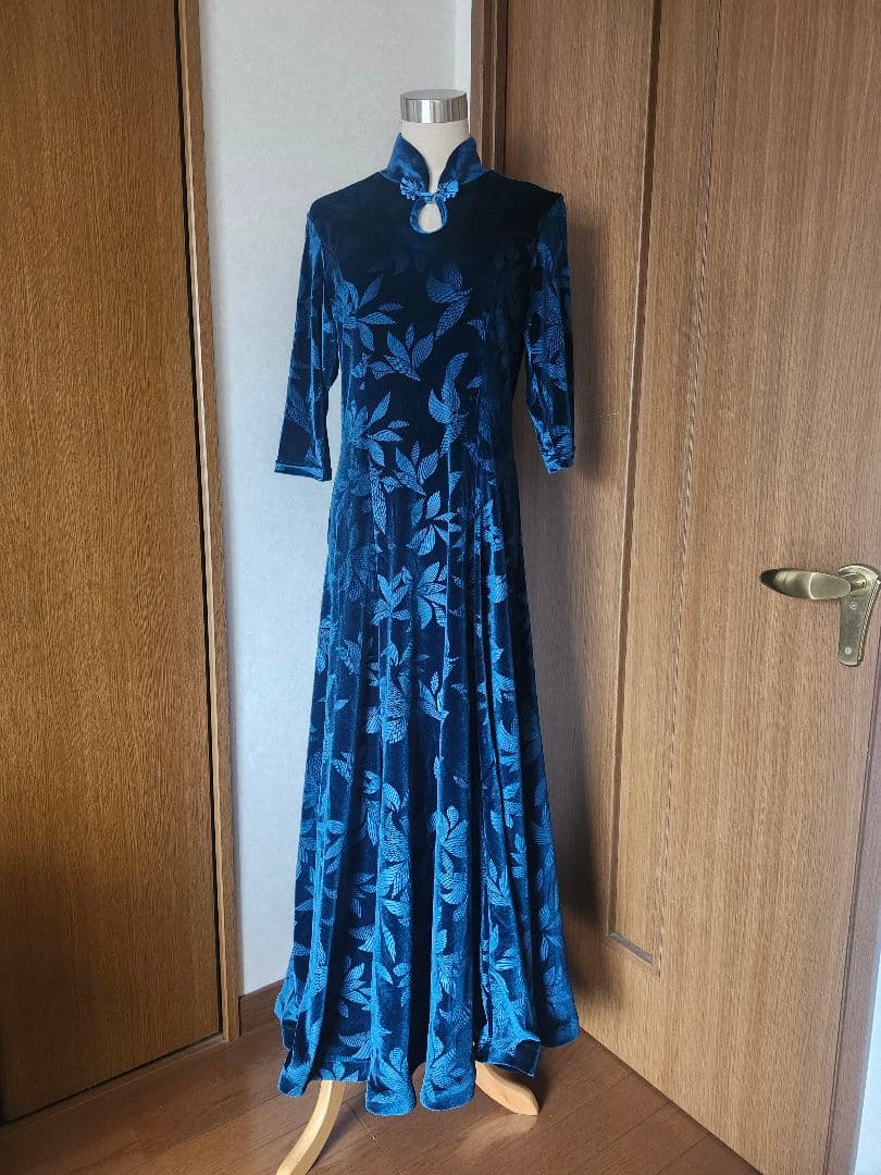 社交ダンス パーティー トライアル ベロア チャイナ風ドレス グリーン XXL