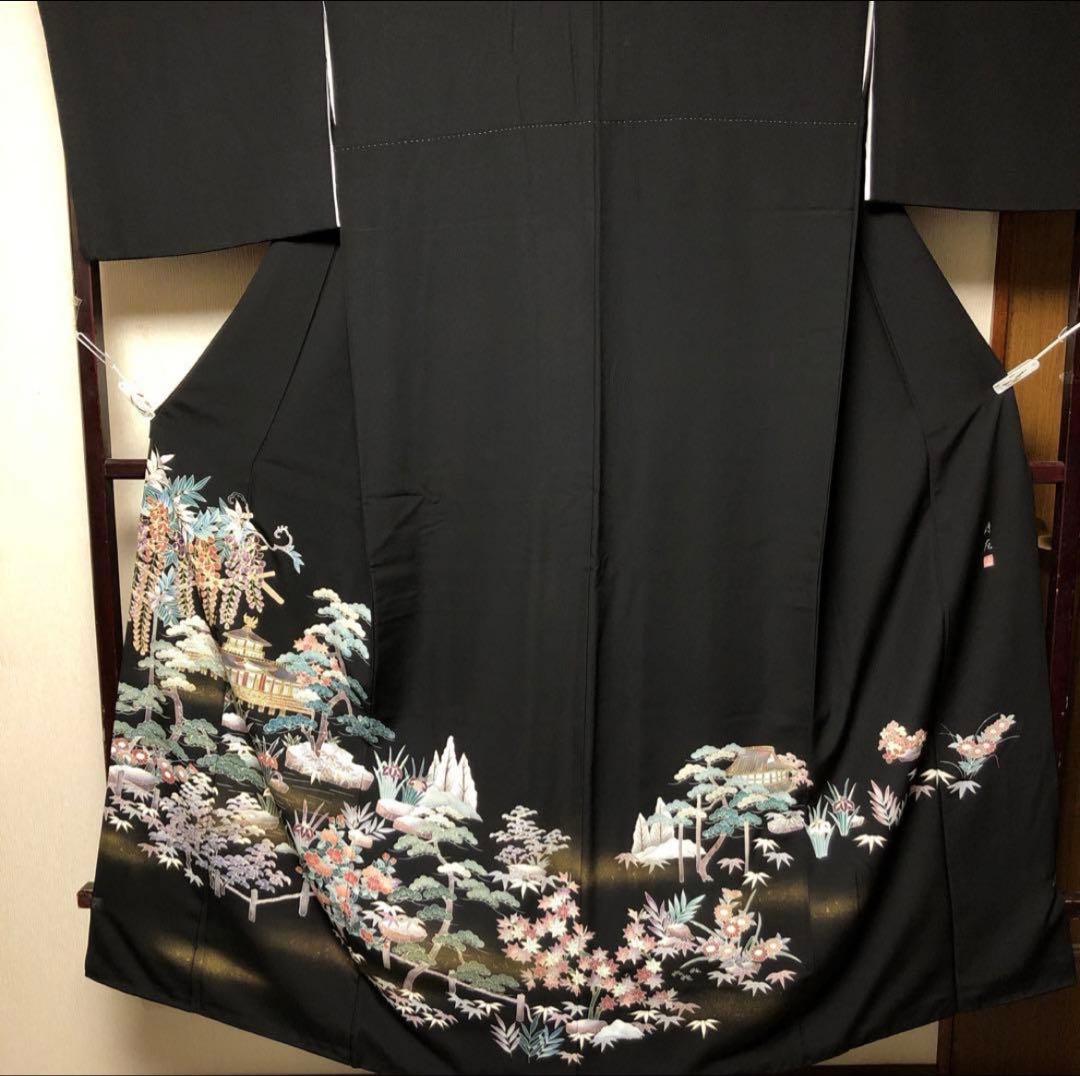 友禅黒留袖　鳳凰堂？作家物　袋帯、帯揚げ帯締め、長襦袢の5点セット
