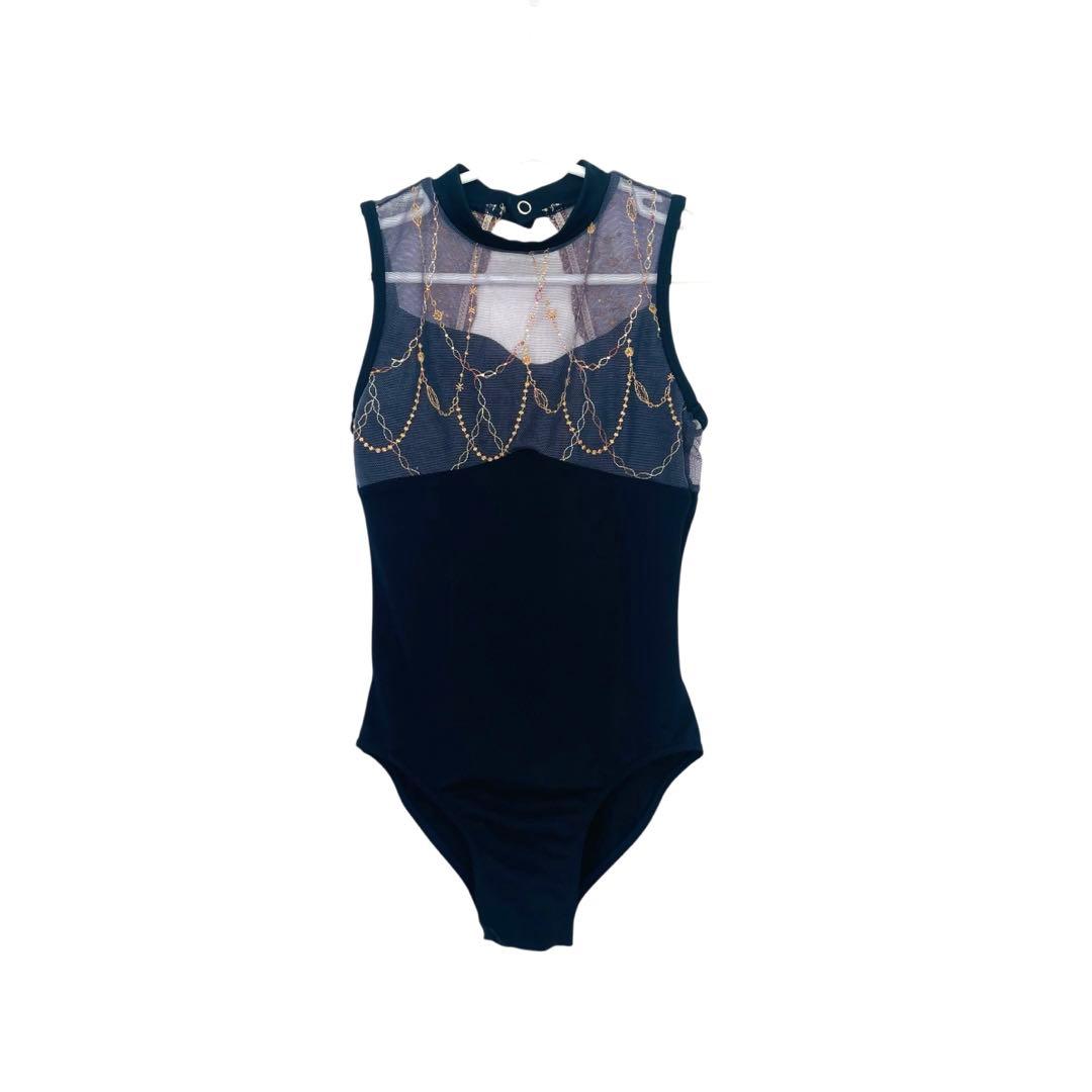 美品 チャコット 130 レオタード 濃紺 ハイネック 金刺繍 ネイビー