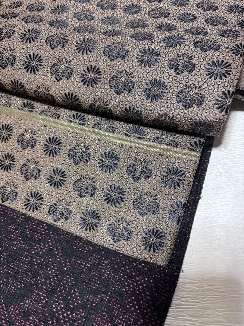 正絹　結城紬　美品　黒地　袷　正絹アンティーク名古屋帯