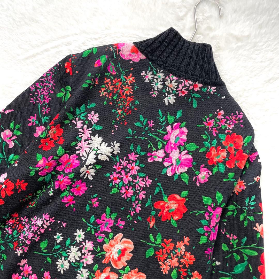 LEONARD シルク混フルジップカーディガン フラワー ブラック L