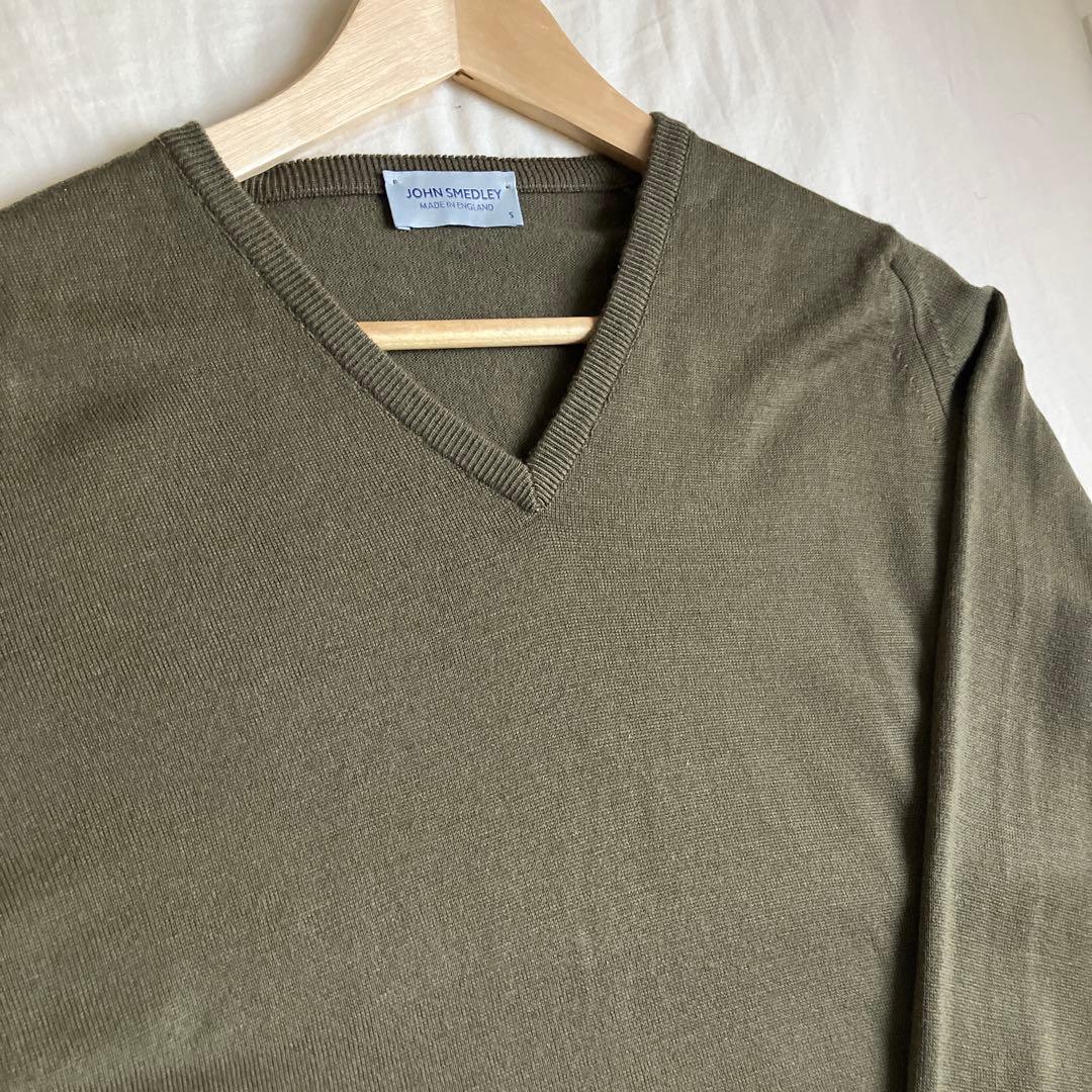 ジョンスメドレー Vネック イングランド製 カーキ 24ゲージ メリノウール