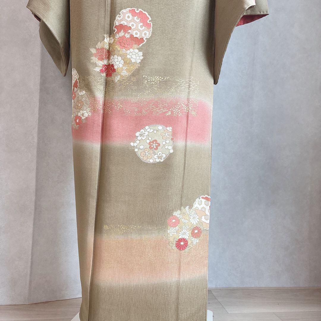 訪問着　フルセット　着物　正絹　Lサイズ　ロング　雪輪　花　金駒刺繍　N5