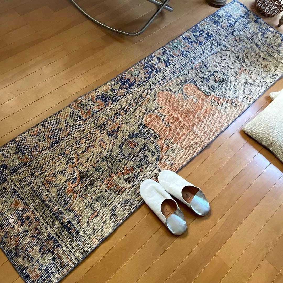 60×199 ロングランナーラグ　擦れ　シャビー　ウール　トルコヴィンテージラグ